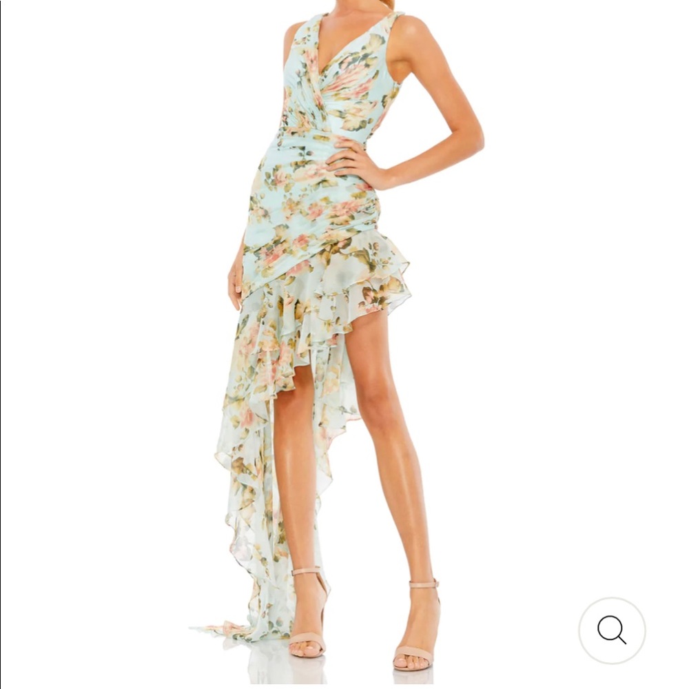 Mac Duggal FLORAL PRINT ASYMMETRICAL HEM RUCHED DRESS size 2
